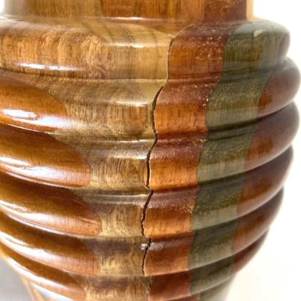 Wood Vase Handcrafted Jamaica Segmented Browns‎ Greens Neutral Signed 2006 10
